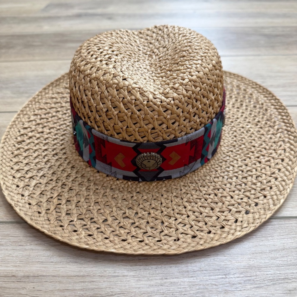 Vintage Southwestern Straw Boater Sun Hat Wide Brim Boho Charms Small 21in - Picture 5 of 13